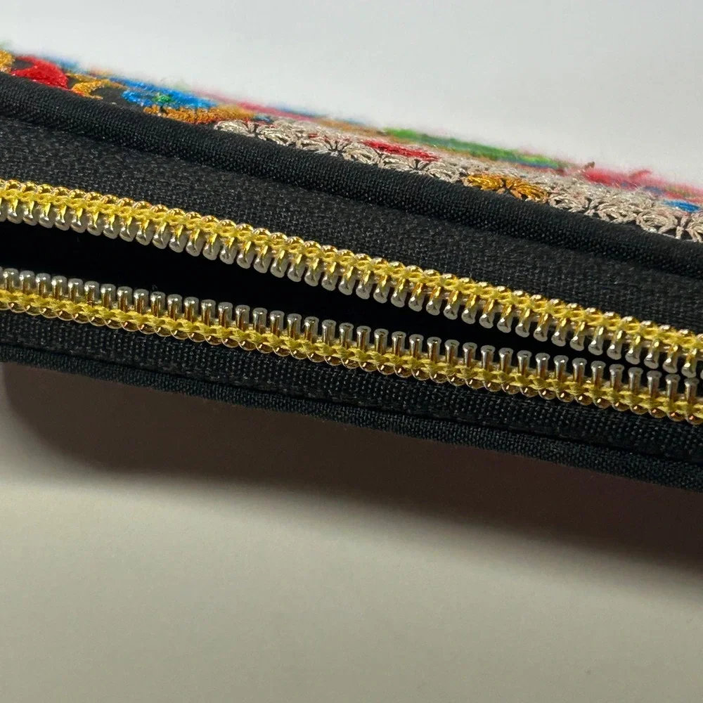 Floral Embroidered Wallet Black Zip‎ Around Organizer Women's Flower Boho Peony